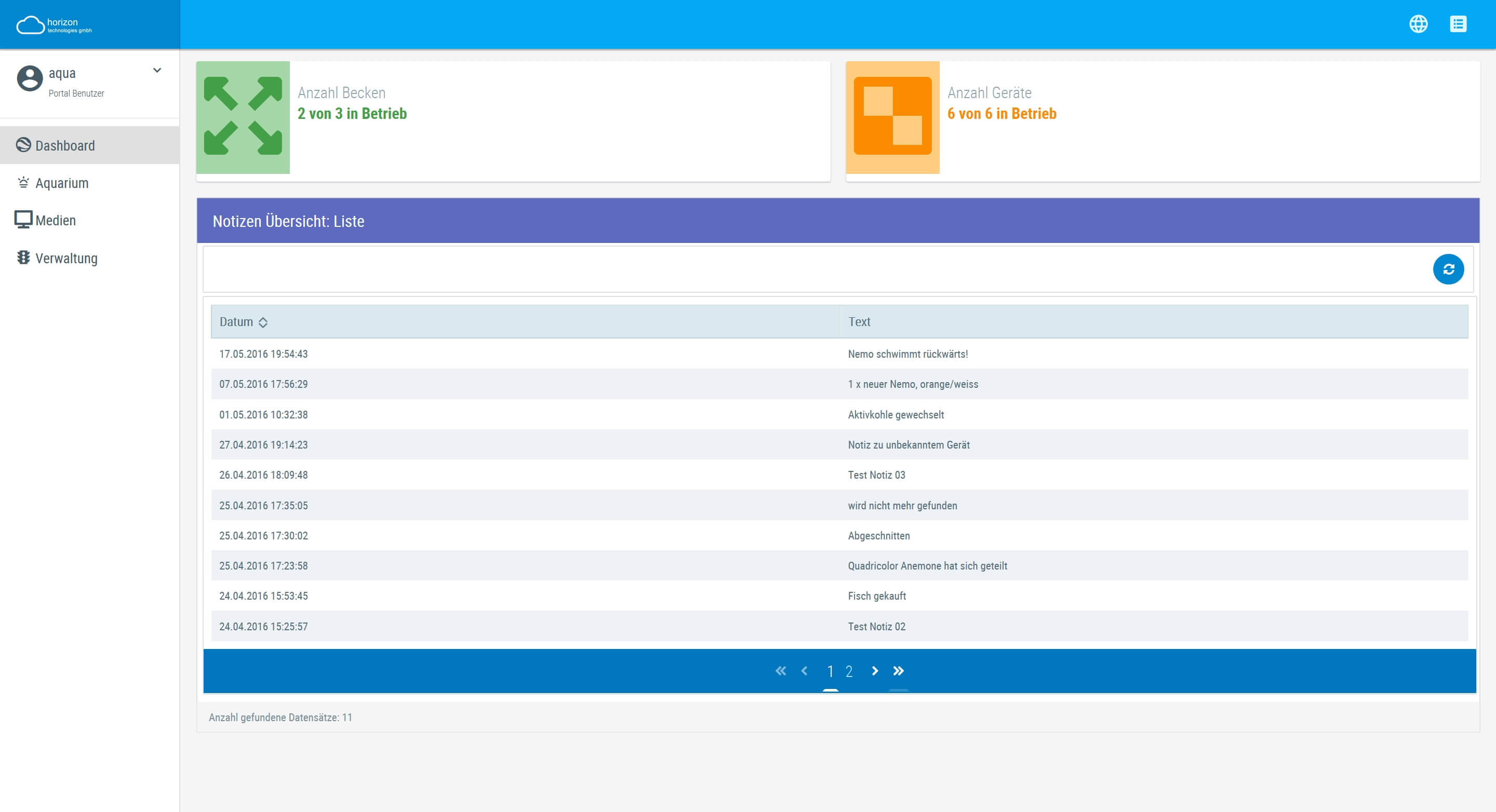 Screenshot Aquarium Dashboard