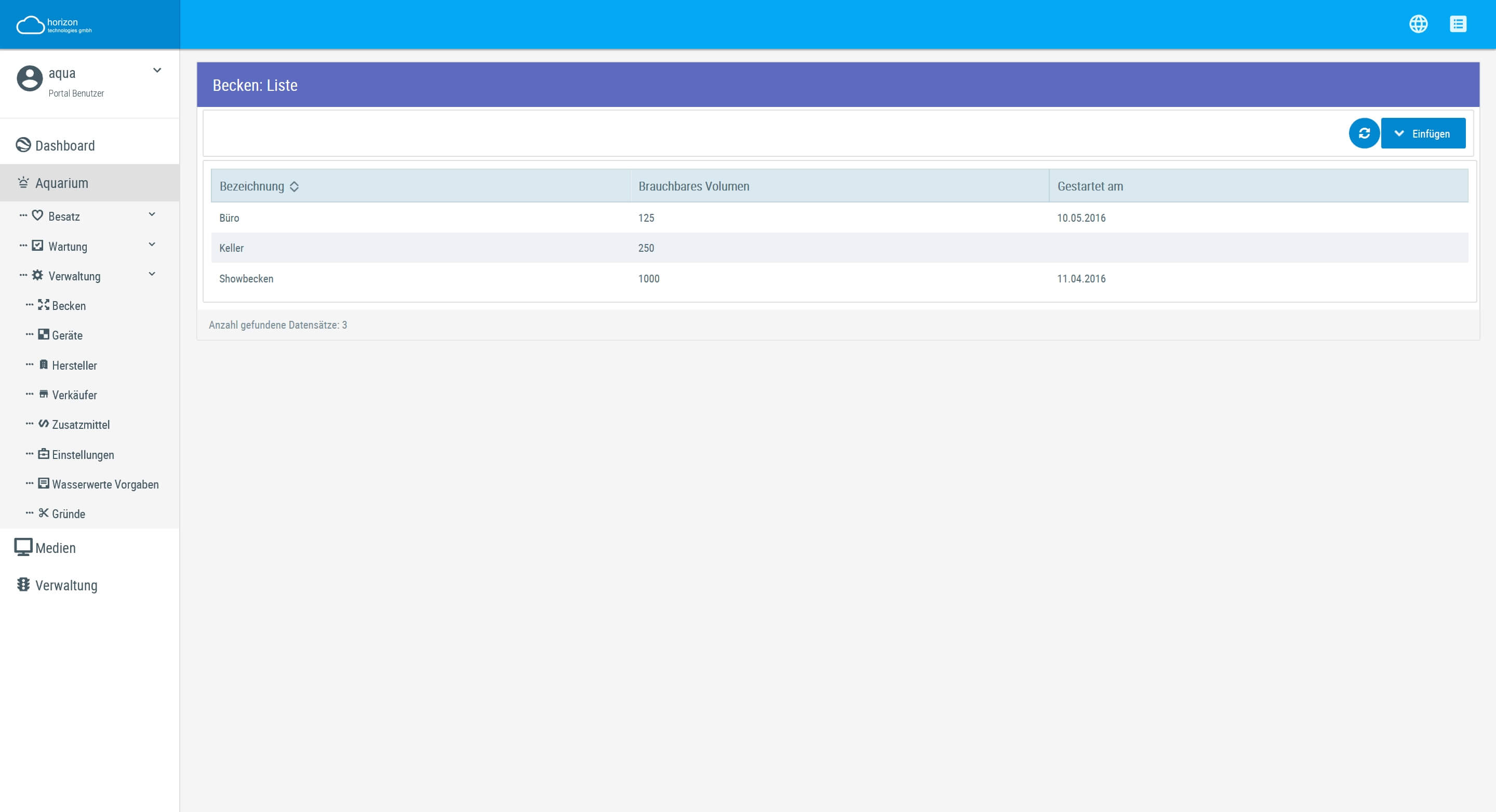Screenshot Aquarium Becken Liste